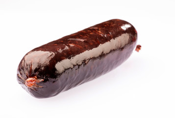 Delicious blood sausages isolated on a white background. Text space