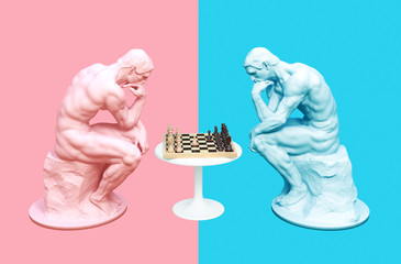 Two Thinkers Pondering The Chess Game On Pink And Blue Backgrounds - 270494549