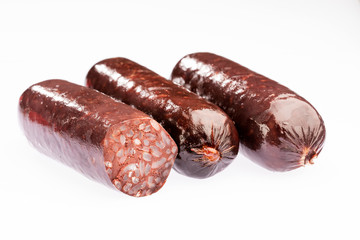 Delicious blood sausages isolated on a white background. Text space