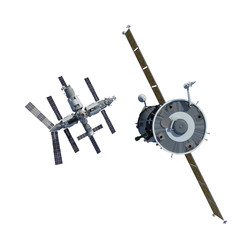 The Spacecraft Flies To Space Station Isolated On White Background