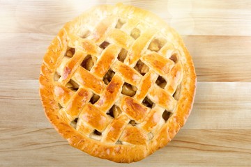 Delicious baked pie, top view on white background