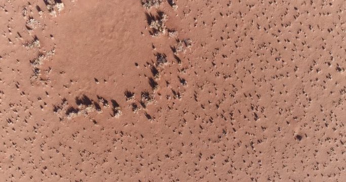 Aerial fly over of the famous fairy circles in the NamibRand Nature Reserve