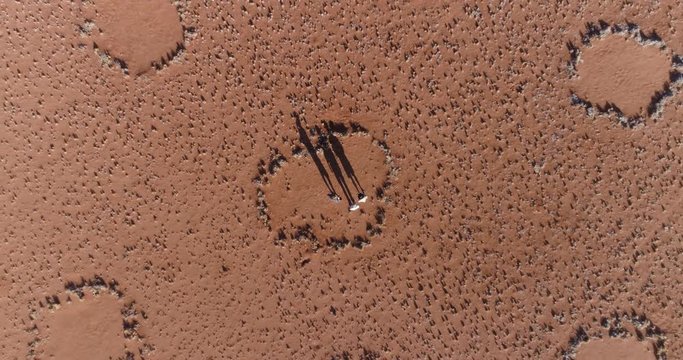 Aerial view of a tourists and guide exploring the famous fairy circles in the NamibRand Nature Reserve