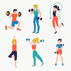 Fototapeta na wymiar Vector illustration set people fitness workout exercises. Sport club gym body-building powerlifting health training dumbbells barbell yoga jump rope. Healthy lifestyle. Crossfit isolated flat icons