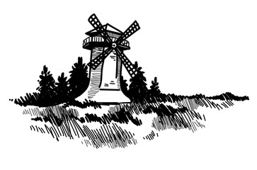 Windmill. Vector freehand drawing in vintage style . Engraving.