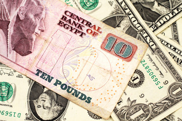 A close up image of an Egyptian fifty pisatres note with American one dollar bills in macro