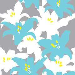 Seamless pattern with lilies . Vector freehand drawing . Tropical plants and flowers.  Texture watercolor paint.