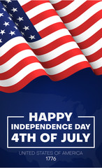 Happy Independence Day of USA, July 4th. American flag on blue background.