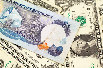 A close up image of a colorful Cayman Islands dollar bill with a bed of American one dollar bills in macro