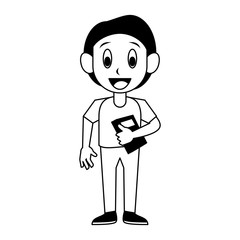 Student boy with books cartoon in black and white