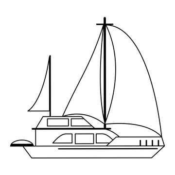 Sail boat ship sideview cartoon isolated in black and white