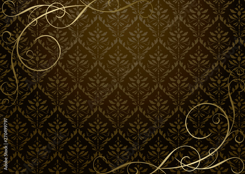 茶色のダマスク柄と金のツタアンティーク背景 Antique Poster Antiq まるまる