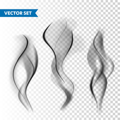 Realistic cigarette smoke set isolated on transparent background. Vector vapor in air, steam flow. Fog, mist effect.