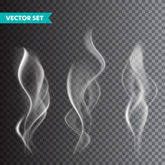 Realistic cigarette smoke set isolated on transparent background. Vector vapor in air, steam flow. Fog, mist effect.