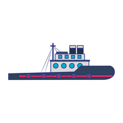 Fish ship boat sideview isolated cartoon blue lines