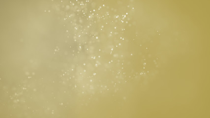 Shiny floating bokeh particles on golden colored background. Abstract soft snowing background