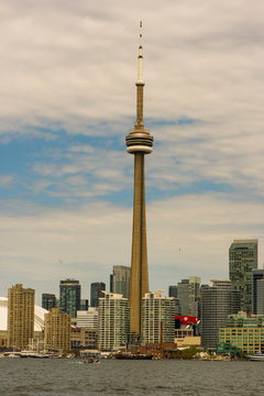 The CN Tower (French: Tour CN) is a 553.3 m-high (1,815.3 ft) concrete communications and observation tower located in Downtown Toronto, Ontario, Canada.[5][8] Built on the former Railway Lands, it wa