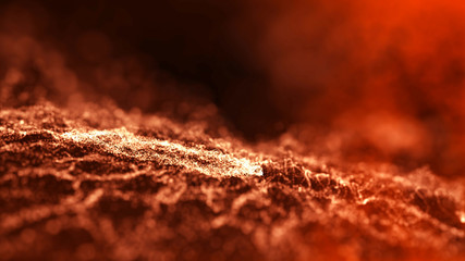 Abstract smokey waving luminous particles with depth of field . Digital sparkling gold particles, bokeh and light effects.