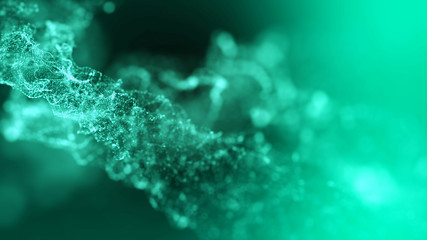Abstract emerald green light particles strings floating swirling in virtual space. Oscillating shimmering luminous particles with depth of field.