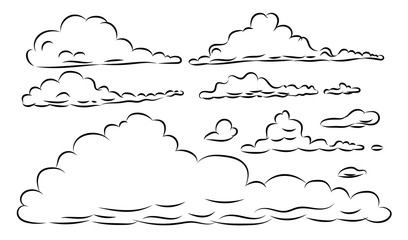 Hand drawn sketchy cloud collection isolated on white background