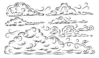 Hand drawn sketchy cloud collection isolated on white background