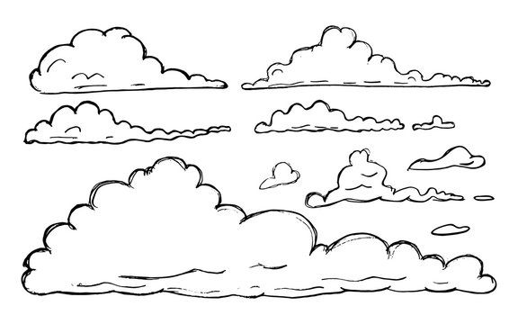 Hand drawn sketchy cloud collection isolated on white background