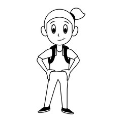 Studen girl with backpack cartoon in black and white