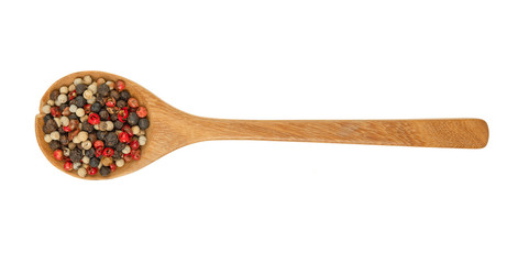 Mixed of peppers hot, red, black, white in wood spoon isolated on white background. Top view