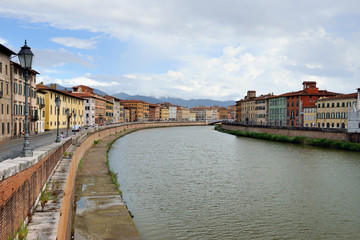 View of the medieval town of Pisa from bridge 