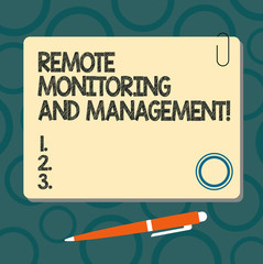 Text sign showing Remote Monitoring And Management. Conceptual photo Long distance monitor data analysisager Blank Square Color Board with Magnet Click Ballpoint Pen Pushpin and Clip