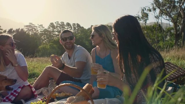 Beautiful friends having fun at picnic sunset