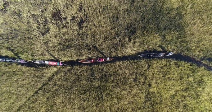 Straight down aerial  view of tourists heading out on a Mokoro safari along the waterways of  the Okavango Delta