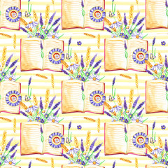 Fototapeta na wymiar Watercolor background. Seamless pattern. Flowers Pansies, lavender , botany and books. White background.