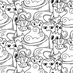 Obraz premium Doodle hand-drawn cartoon with smiles and taste, coffee shop theme seamless pattern