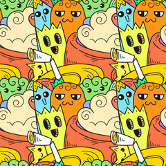 Doodle hand-drawn cartoon with smiles and taste, coffee shop theme seamless pattern