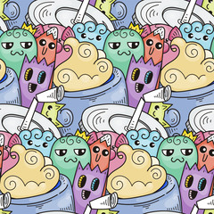 Doodle hand-drawn cartoon with smiles and taste, coffee shop theme seamless pattern
