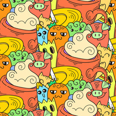 Doodle hand-drawn cartoon with smiles and taste, coffee shop theme seamless pattern