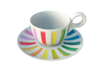 Porcelain colorful striped cup isolated on white background. 3D Illustration.