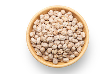 Dry chickpea in a wooden bowl isolated on white background. Top view.
