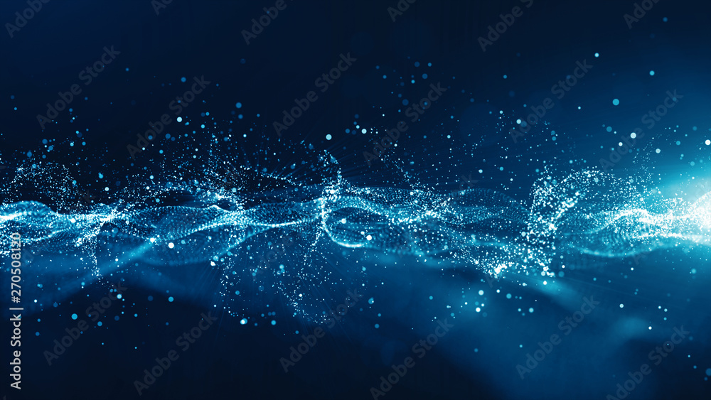 Wall mural abstract blue color digital particles wave with bokeh and light background