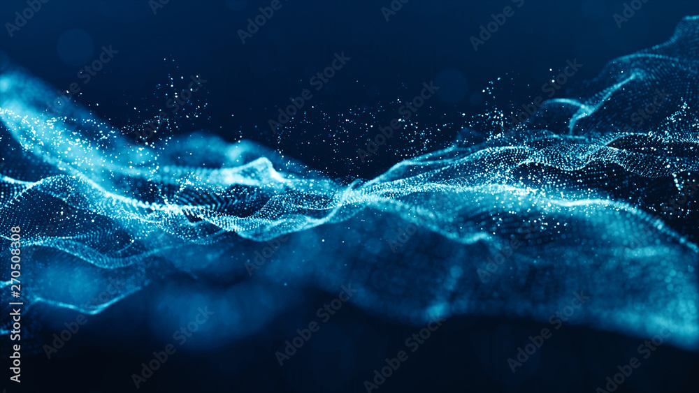 Wall mural abstract blue color digital particles wave with bokeh and light background