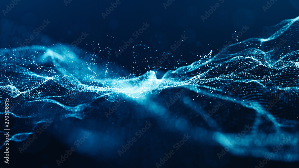 Wall mural abstract blue color digital particles wave with bokeh and light background