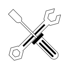 Screwdriver and wrench crossed symbol in black and white