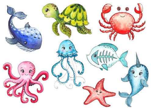 Watercolor children's elements with underwater creatures: whale, turtle, crab, octopus, starfish, narwhal, jellyfish, seaweed, corals, shells for baby shower, shirt design, invitations, decoration, 