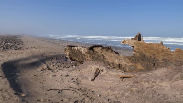 4K view of  the remains of the Karimona shipwreck on the  Skeleton Coast National Park, Namibia