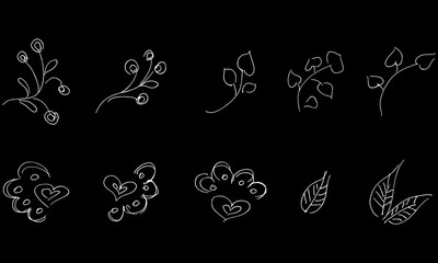 Flowers and branches hand drawn collection isolated on black background. Floral graphic elements. Big vector set. Doodle collection