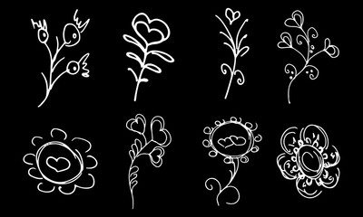 Flowers and branches hand drawn collection isolated on black background. Floral graphic elements. Big vector set. Outline collection
