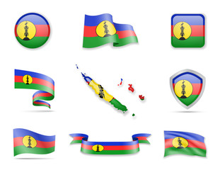 New Caledonia flags collection. Vector illustration set flags and outline of the country.