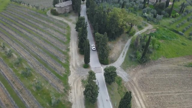A drone shot of a white Lamborghini Urus driving through the Tuscan vineyard in the countryside.