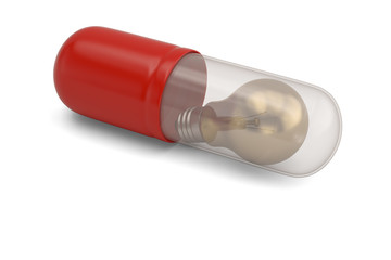 A big pill and lightbulb inside capsule isolated on white background. 3D illustration.
